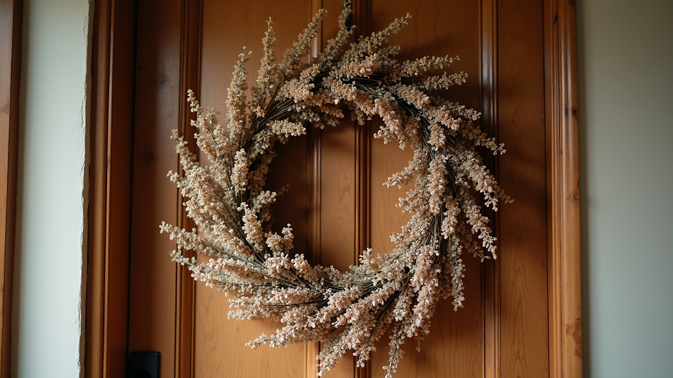 Eye-level view of dried flower wreath hanging on a wooden door