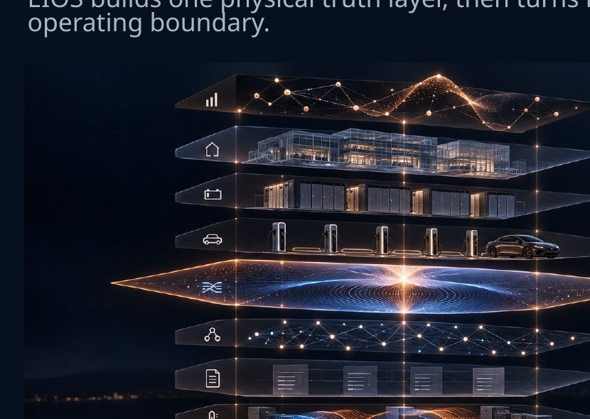Exploded physical truth layer showing building systems and dependencies