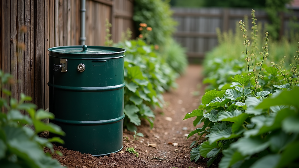 High angle view of a rainwater collection barrel beside a vegetable garden