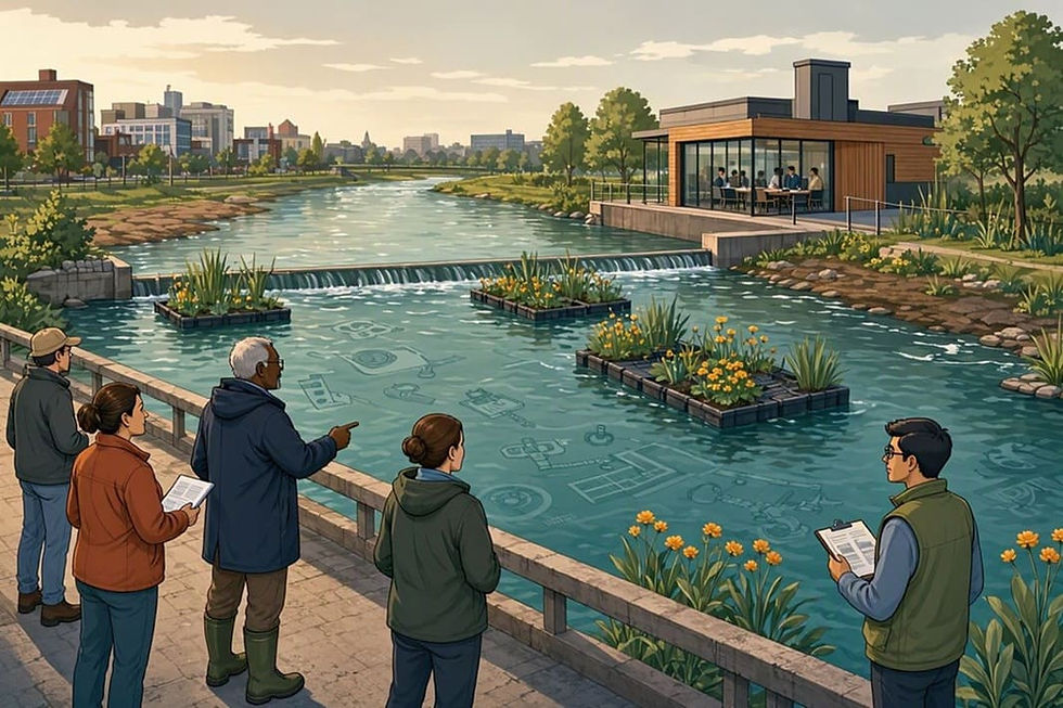 Grupo de personas observa un proyecto de restauración ambiental en el río, donde se implementan islas flotantes con vegetación para mejorar la ecología urbana. Al fondo, un moderno edificio junto al agua alberga una reunión sobre la iniciativa (Imagen creada con inteligencia artificial de Bing).