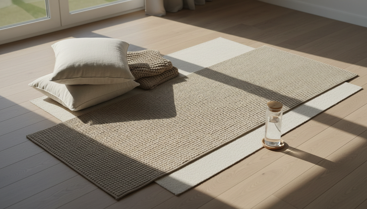 Overhead view of a yoga mat, pillows, and a water bottle prepared for postpartum stretching.