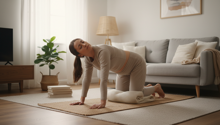Wide-angle view of a postpartum person doing a supported cat-cow stretch on a mat.
