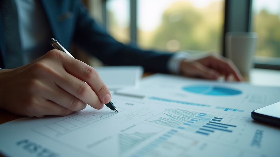 Eye-level view of a financial analyst reviewing ethical investment options