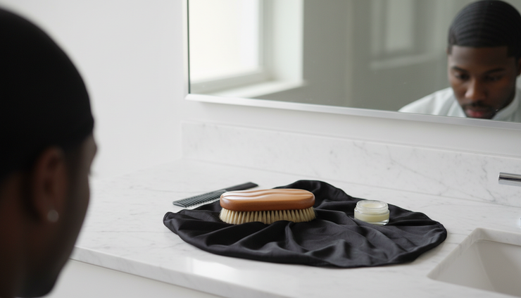 Close-up of a wave brush sitting beside a durag on a bathroom counter