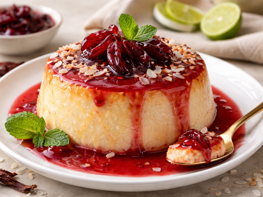 PUDÍN DE COCO Y VITAMAIZ CON SALSA DE ROSA DE JAMAICA