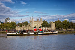 The Paddle Steamer Waverley on the river Thames at the Tower of London UK