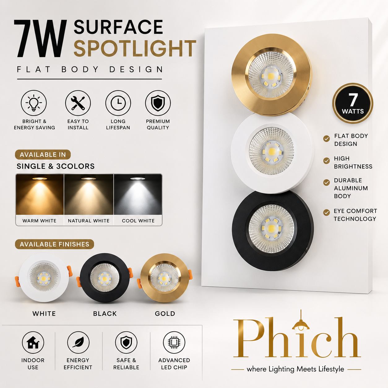 Flat body 7w surface spotlight in white, black, and golden finish on a white and golden luxury banner from phichlightings.com