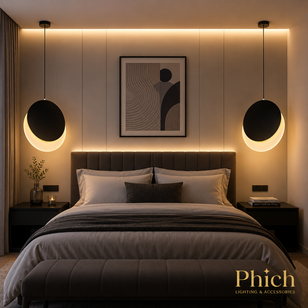Modern Luxury Bedside Pendant Light in black finish in a modern style bedroom |from phichlightings.com