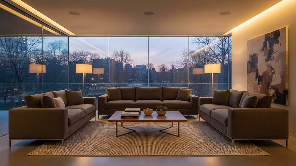 Eye-level view of modern living room illuminated by LED lighting