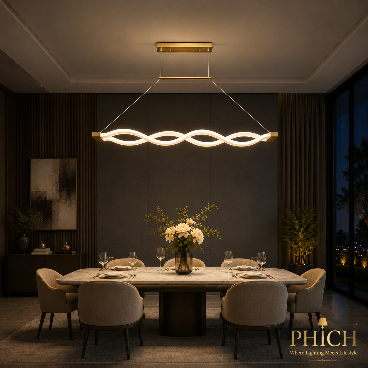 Luxury Wavy Pendant Light from Phichlightings.com edited into a luxury dinning setting