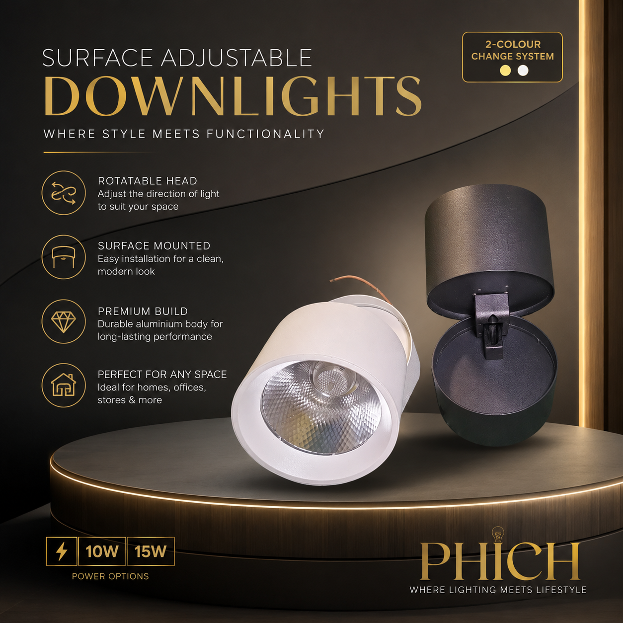 Plain LED Adjustable COB surface downlight in white and black finish from phichlightings.com displayed on a luxury banner 