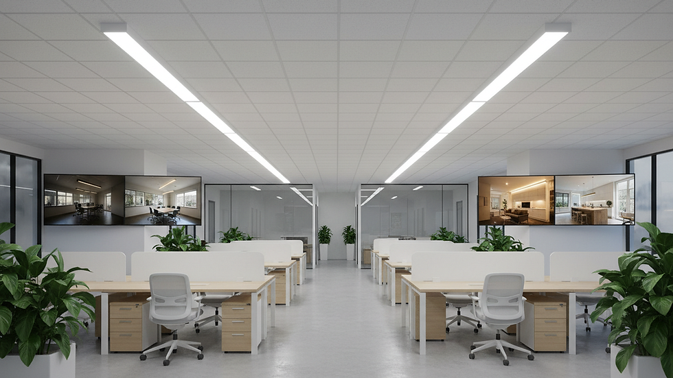 Eye-level view of modern LED ceiling lights in a commercial office