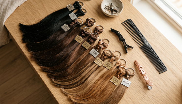 Overhead view of extension color swatches beside a comb and styling clips