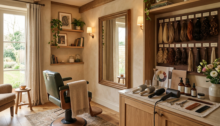 Wide-angle view of a calm hair consultation space with soft lighting and styling tools.