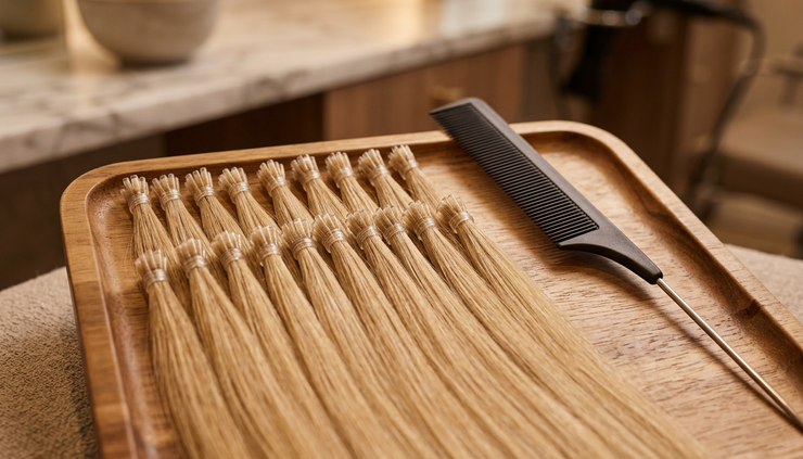 Close-up view of keratin tip hair extension bonds arranged on a salon tray