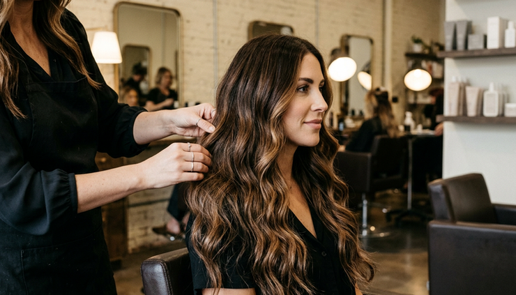 Three-quarter view of a client with blended long hair extensions styled in soft waves