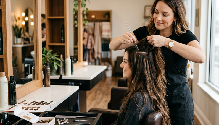 Eye-level view of a stylist sectioning long brunette hair for a K-Tip consultation