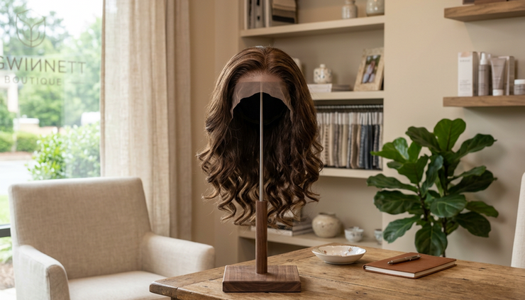 Eye-level view of a realistic medical wig displayed on a stand in a boutique setting.