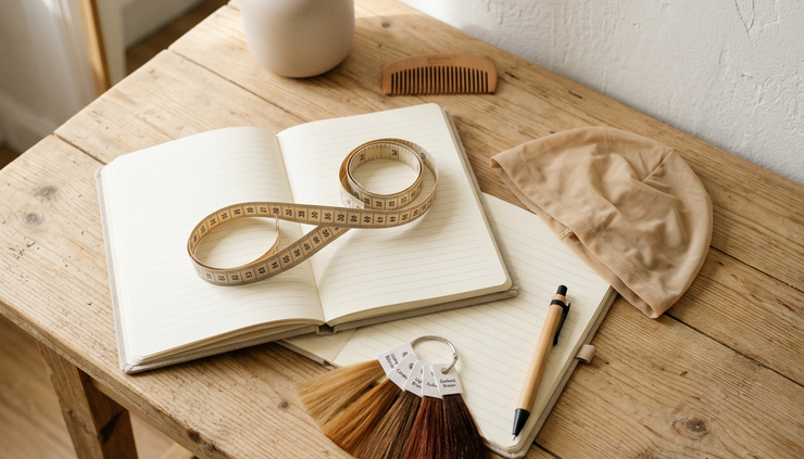 Overhead view of a notebook, measuring tape, and soft wig cap on a salon table.