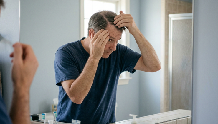 Eye-level view of a person gently checking thinning hair in a softly lit mirror.