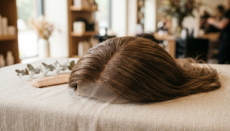 Close-up view of a natural hair topper base with soft brown hair on a styling surface