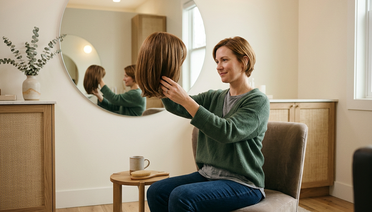 Three-quarter view of a person looking at a natural wig in a private salon mirror.