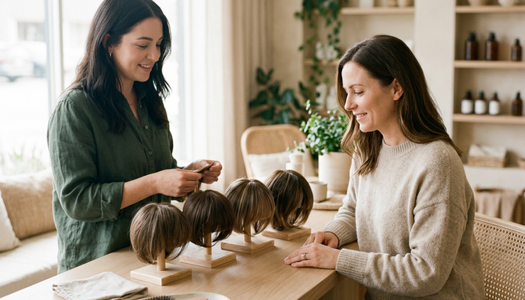 Eye-level view of a woman looking at hair topper options in a calm salon space