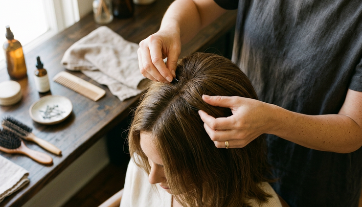Overhead view of a stylist gently positioning a hair topper on natural hair