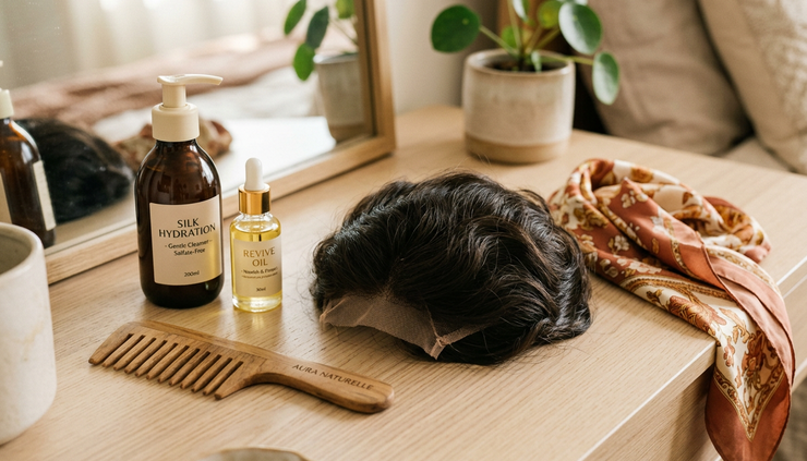 Close-up view of hair care items placed beside a soft hairpiece on a vanity.
