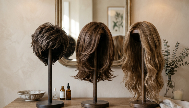 Close-up view of natural-looking wigs arranged on stands in a private salon room.