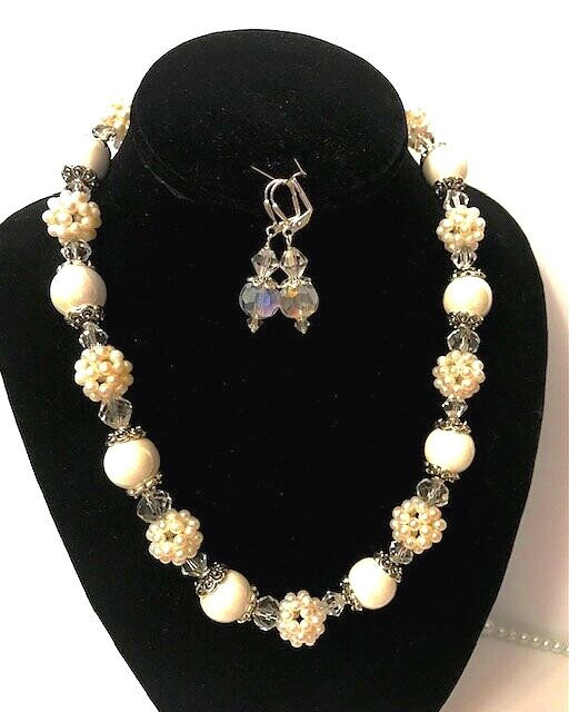 Glass and Pearl Bead Necklace with Matching Earrings