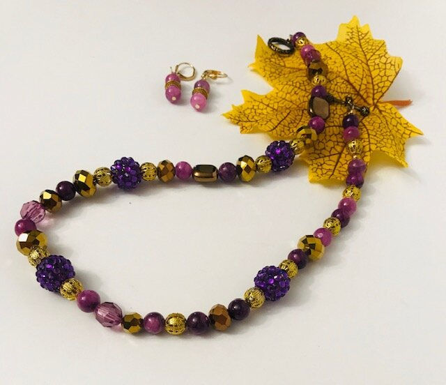 Purple and Gold Necklace with Matching Earrings