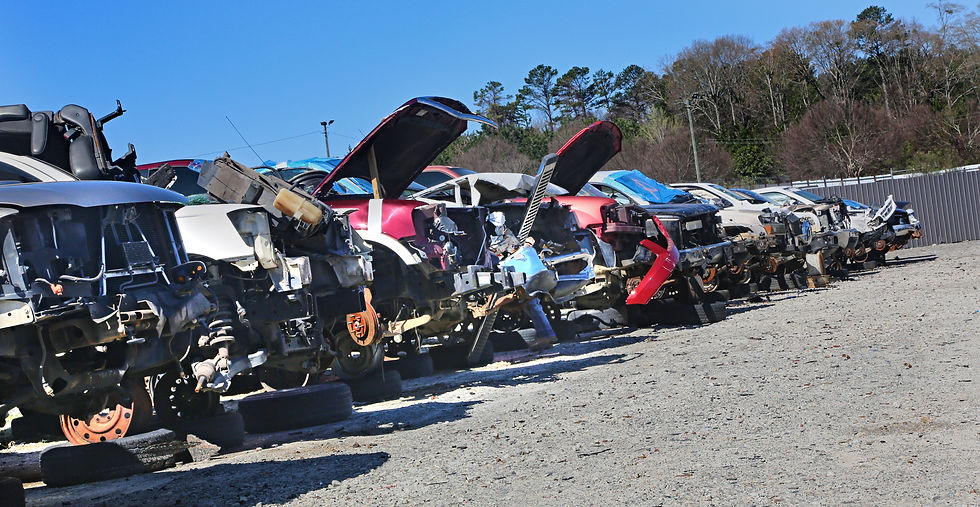 Wide angle view of a junkyard filled with cars for parts