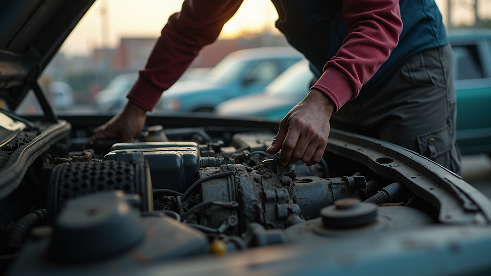 Close-up view of a person removing car parts in a junkyard