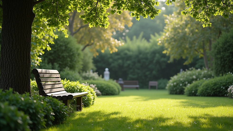 Wide angle view of a peaceful garden with a bench and greenery, symbolising mental wellbeing