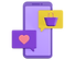Chat bubbles, one with a heart and the other a shopping basket, symbolizing engagement and sales