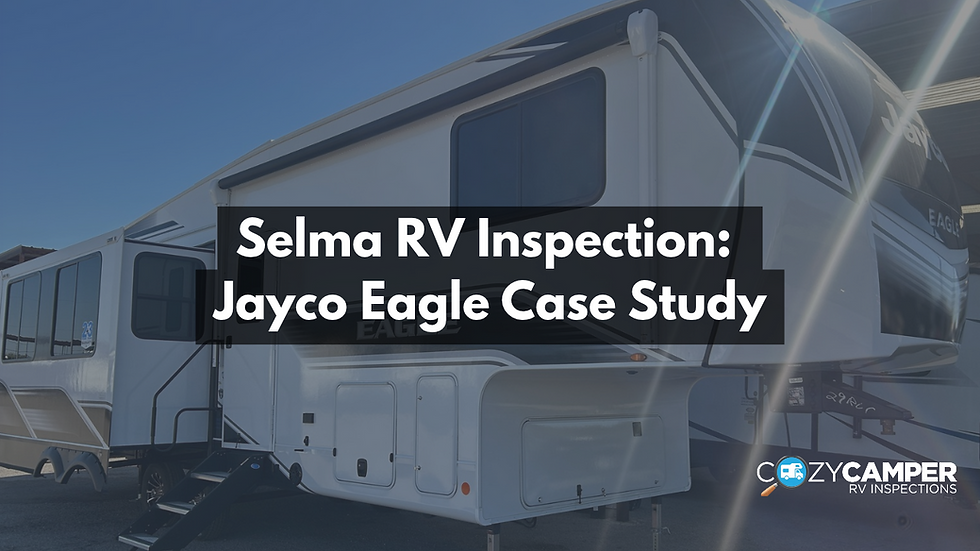 Large white Jayco Eagle RV parked outdoors under blue sky, with overlay text Selma RV Inspection: Jayco Eagle Case Study and CozyCamper logo
