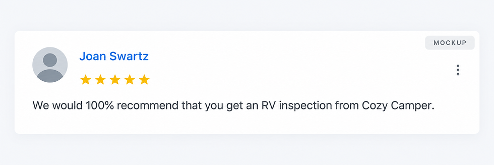 Joan Swartz review card with five gold stars and the text We would 100% recommend an RV inspection from Cozy Camper.