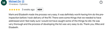 Five-star Google review from Michael Orr praising Mike and Elizabeth’s thorough pre-purchase RV inspection, easy process, and discovery of issues before delivery.
