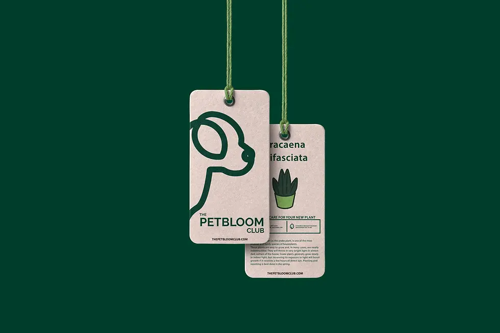 Two dark green product tags hanging, Petbloom Club brand