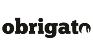 Obrigato logo, wordmark with dog tail forming the final "o"