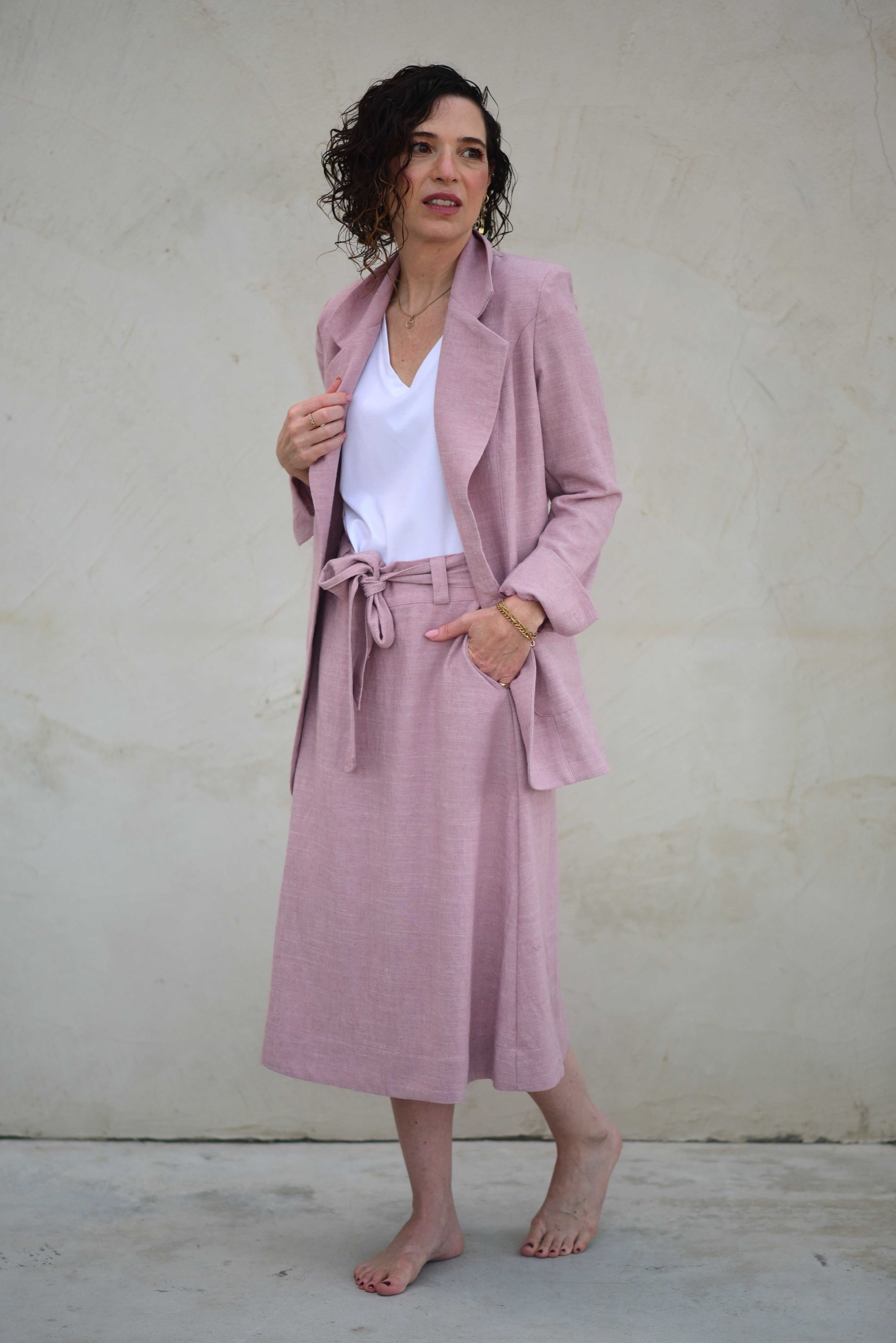 חצאית לוסי דמוי פשתן ורוד│ צללית A │  אורך מידי