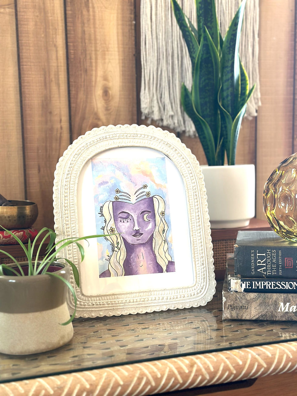 Thumbnail: Art Print: Purple and silver feminine blooming moon goddess in a white frame displayed as home decor. 