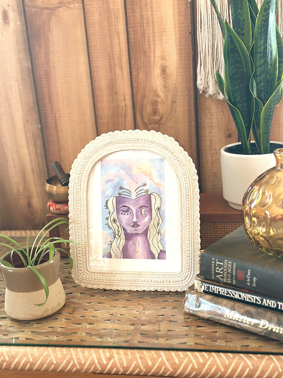 Thumbnail: Art Print: Purple and silver feminine blooming moon goddess in a white frame displayed as home decor. 