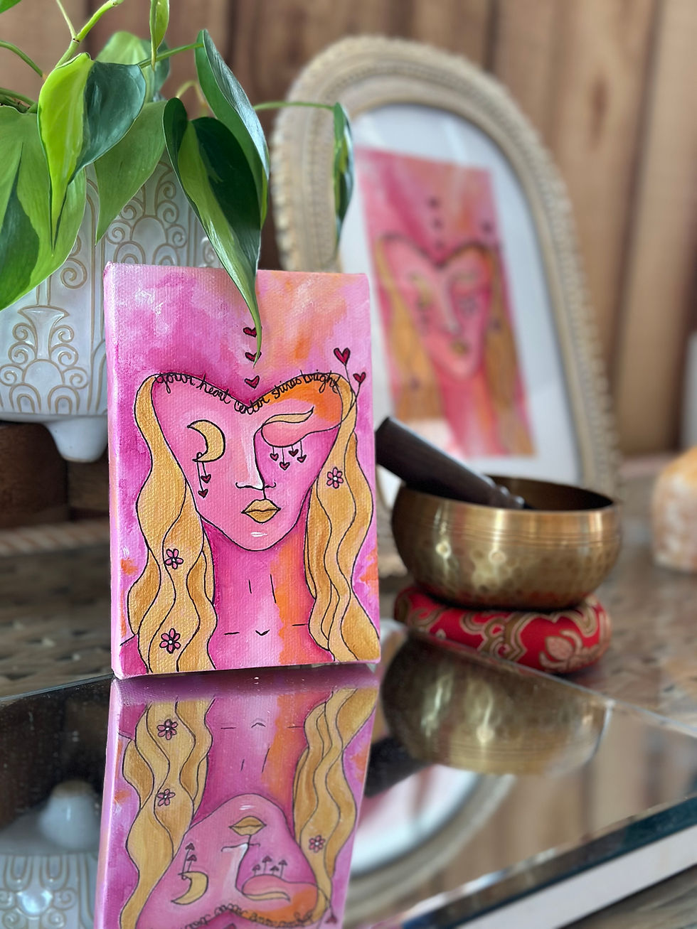 Art Print & Acrylic Original: Pink and gold heart shaped goddess in original form and gold frame. 