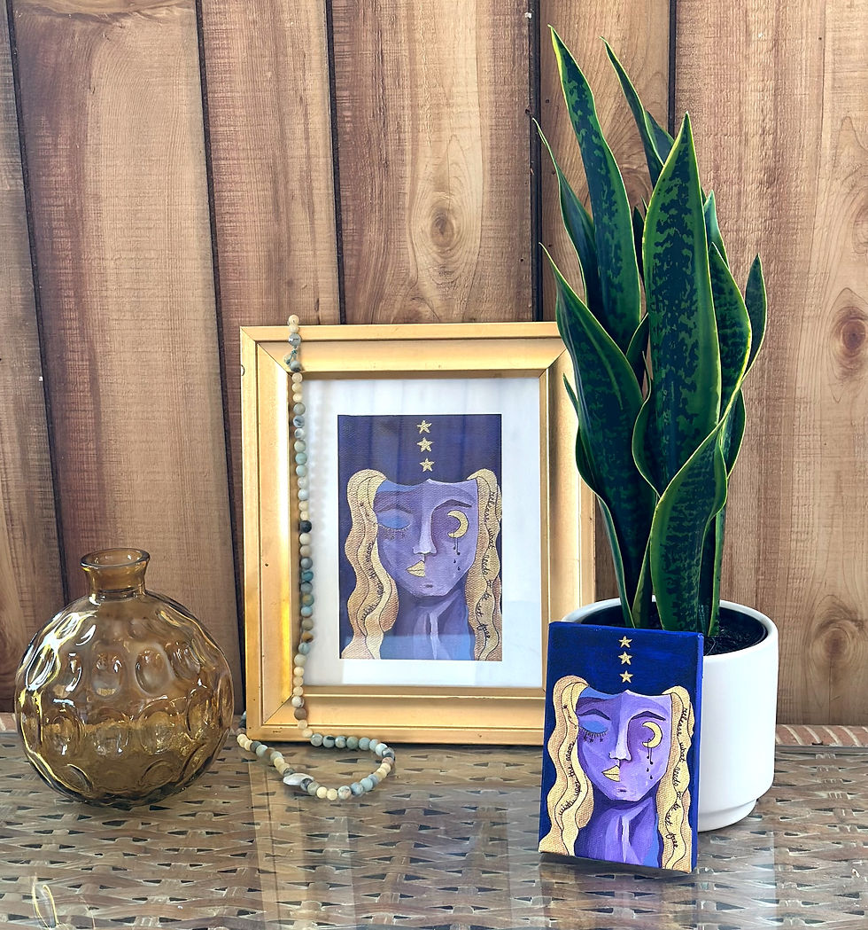 Thumbnail: Acrylic Painting: Purple and gold stardust goddess with bold lines and shading displayed as home decor. 