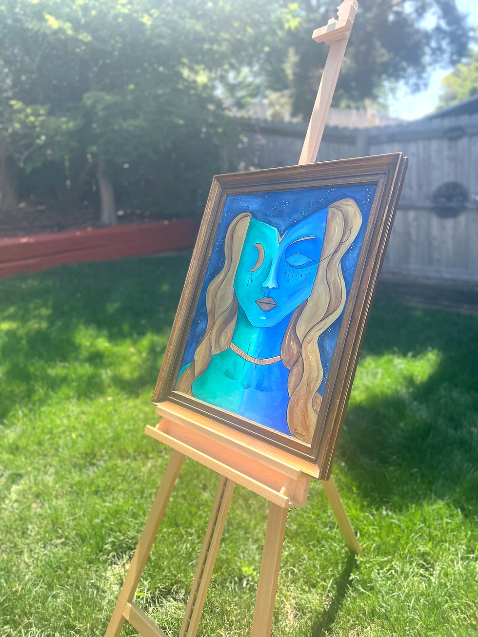 Thumbnail: An angled view of the Beautifully Balanced goddess, original painting displayed outside. 