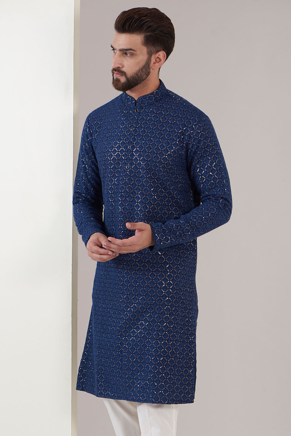 Men’s Navy Blue Printed Cotton Kurta – Premium Ethnic Wear
