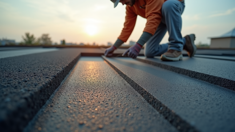 Eye-level view of asphalt roofing being installed on a flat roof