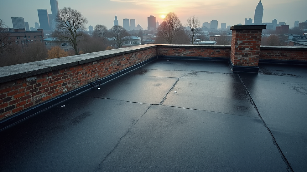 High angle view of a London rooftop with fresh asphalt roofing